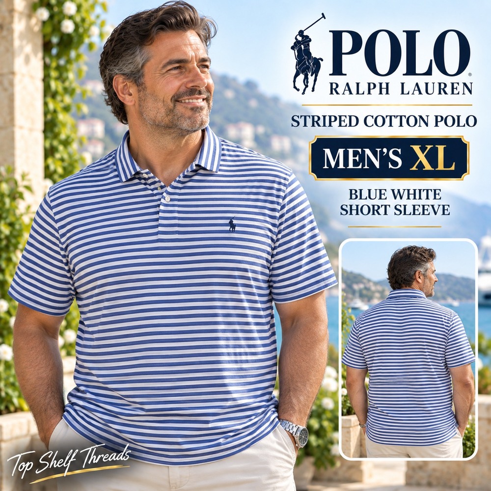 Polo Ralph Lauren Men XL Blue White Striped Cotton Short Sleeve Navy Pony Preppy